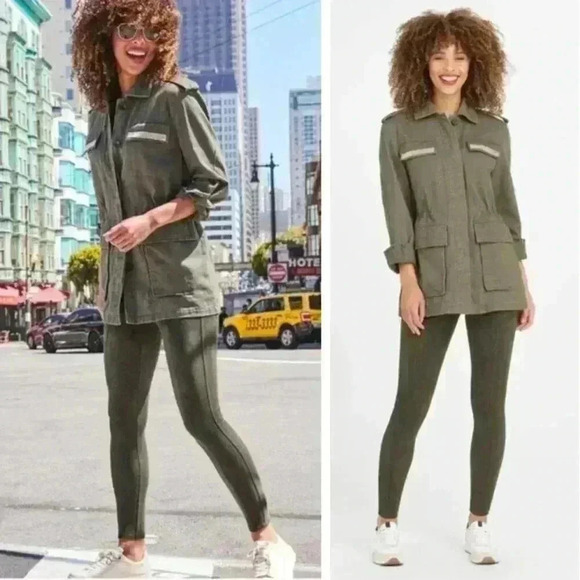 NEW Spanx Faux Suede Leggings Olive Green Bodycon Shapewear Neutral High Waist - Picture 1 of 9